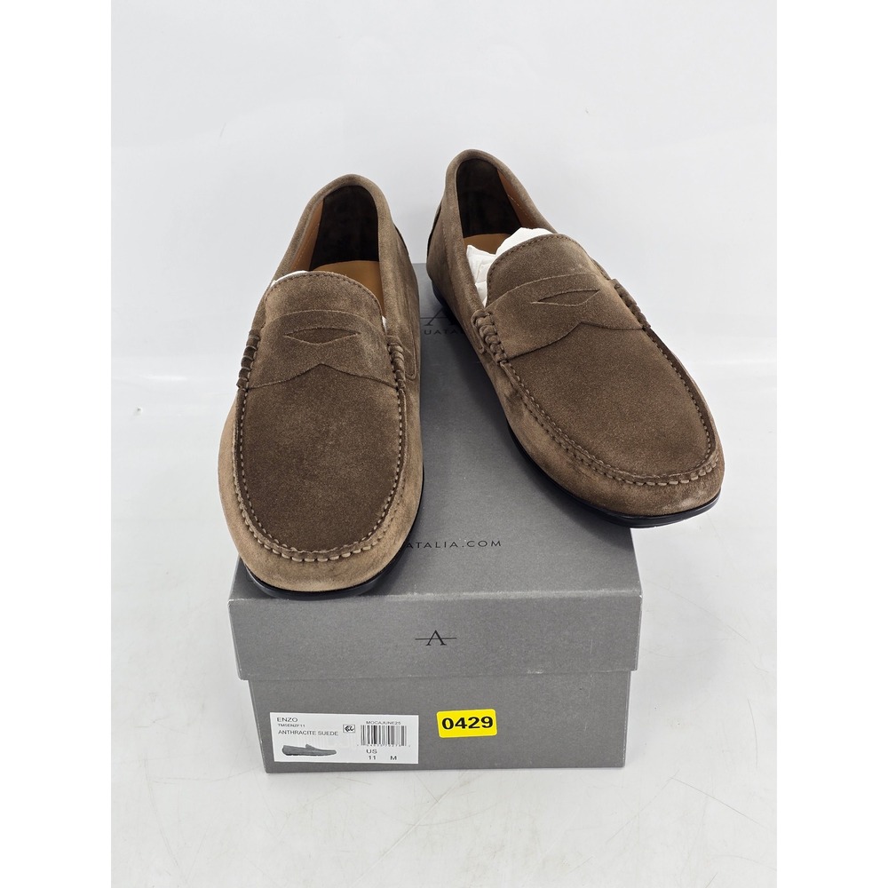 Aquatalia Enzo Penny Loafers Mens 11 Anthracite Brown Suede - New